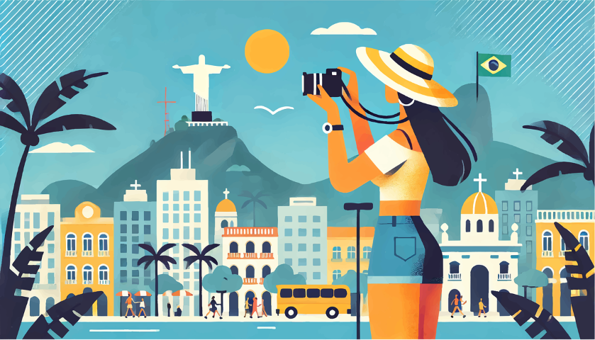 Woman illustration of solo traveler taking picture